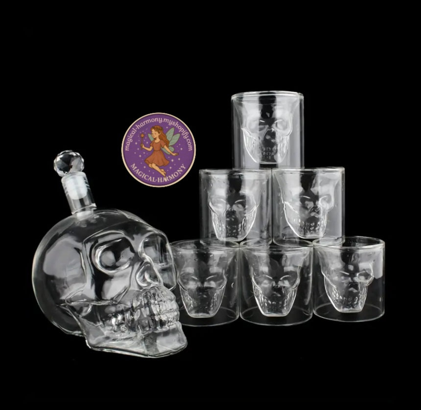 Skull Bottle & 6 Matching Glasses
