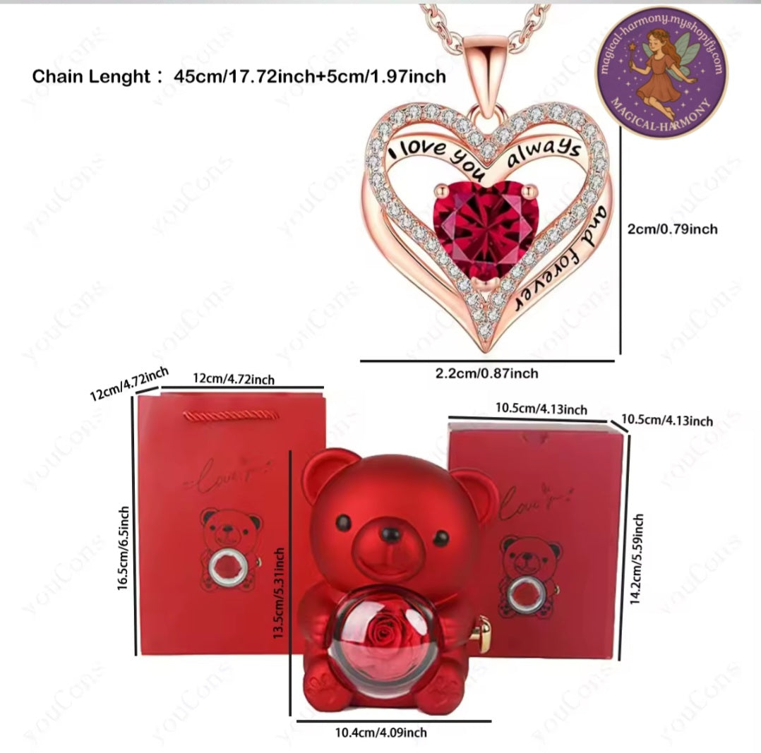 Heart Pendant Necklace Presented By A Cute Teddy Bear.
