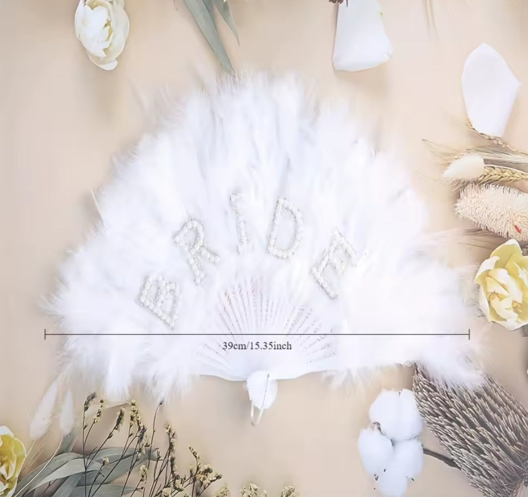 Elegant Pearl Bride Feather Fan,