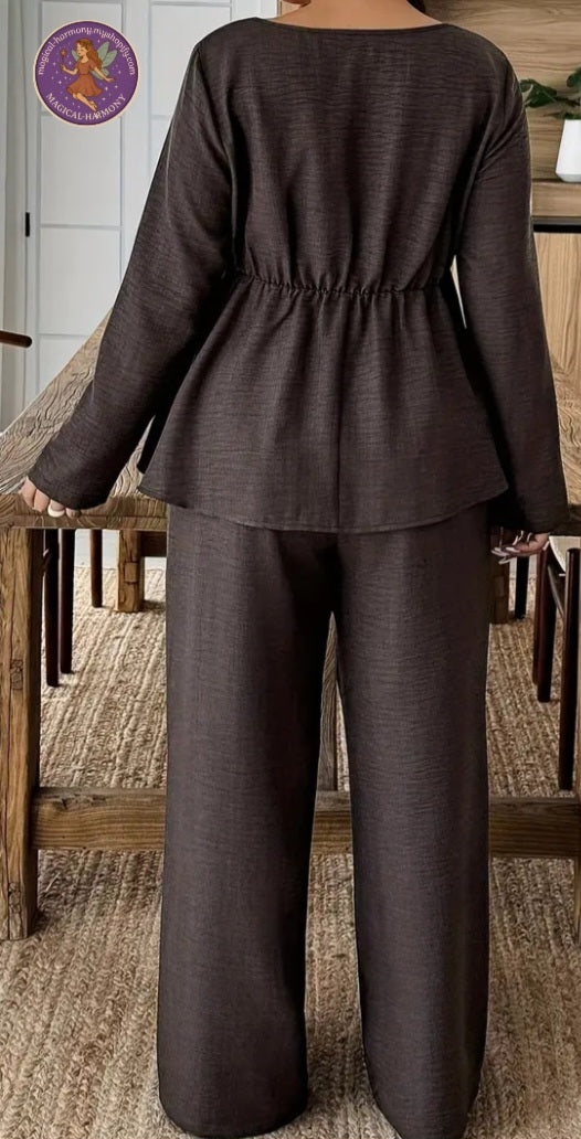 plus Size Brown Top And Wide-Leg Pants Combo