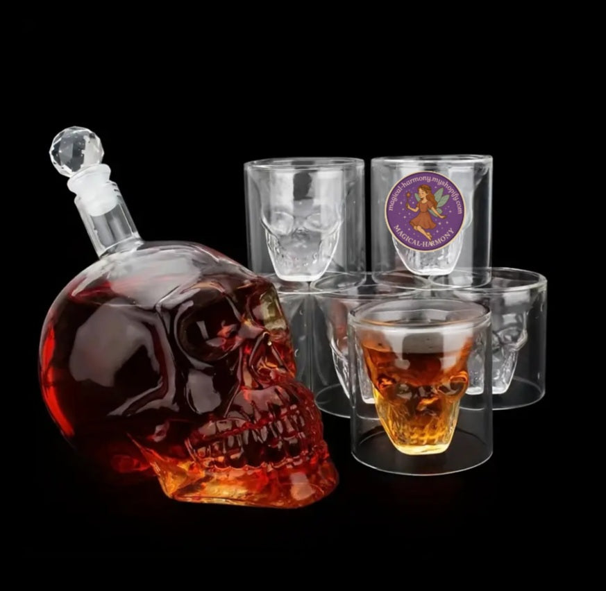 Skull Bottle & 6 Matching Glasses