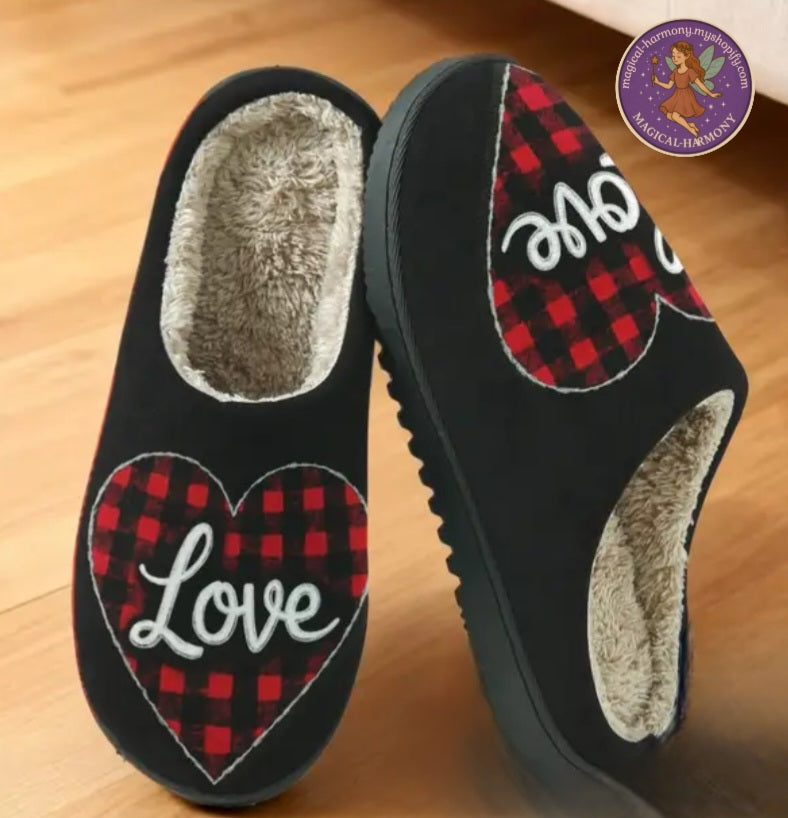 Heart Checkered “Love” Plush Slippers