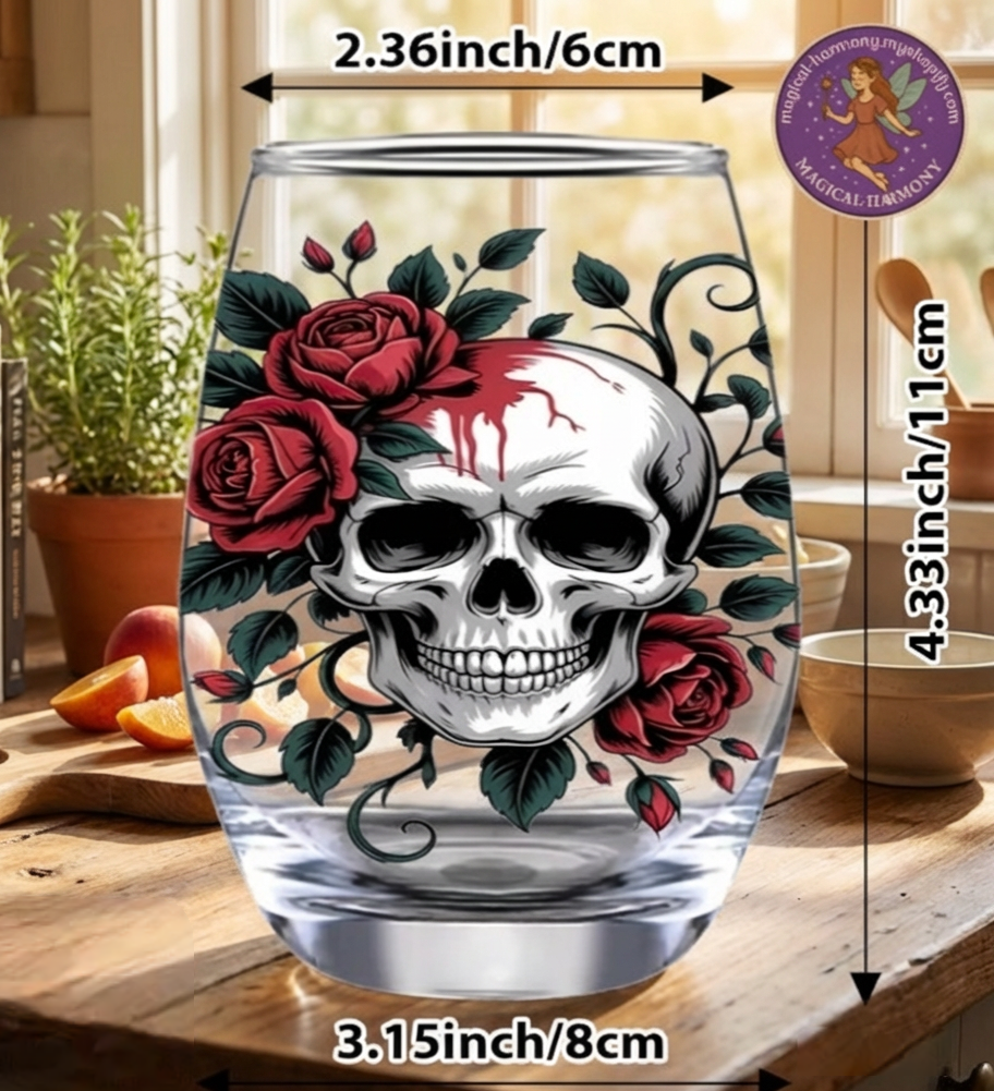 Skull, Rose & Butterfly Stemless Wine Glass