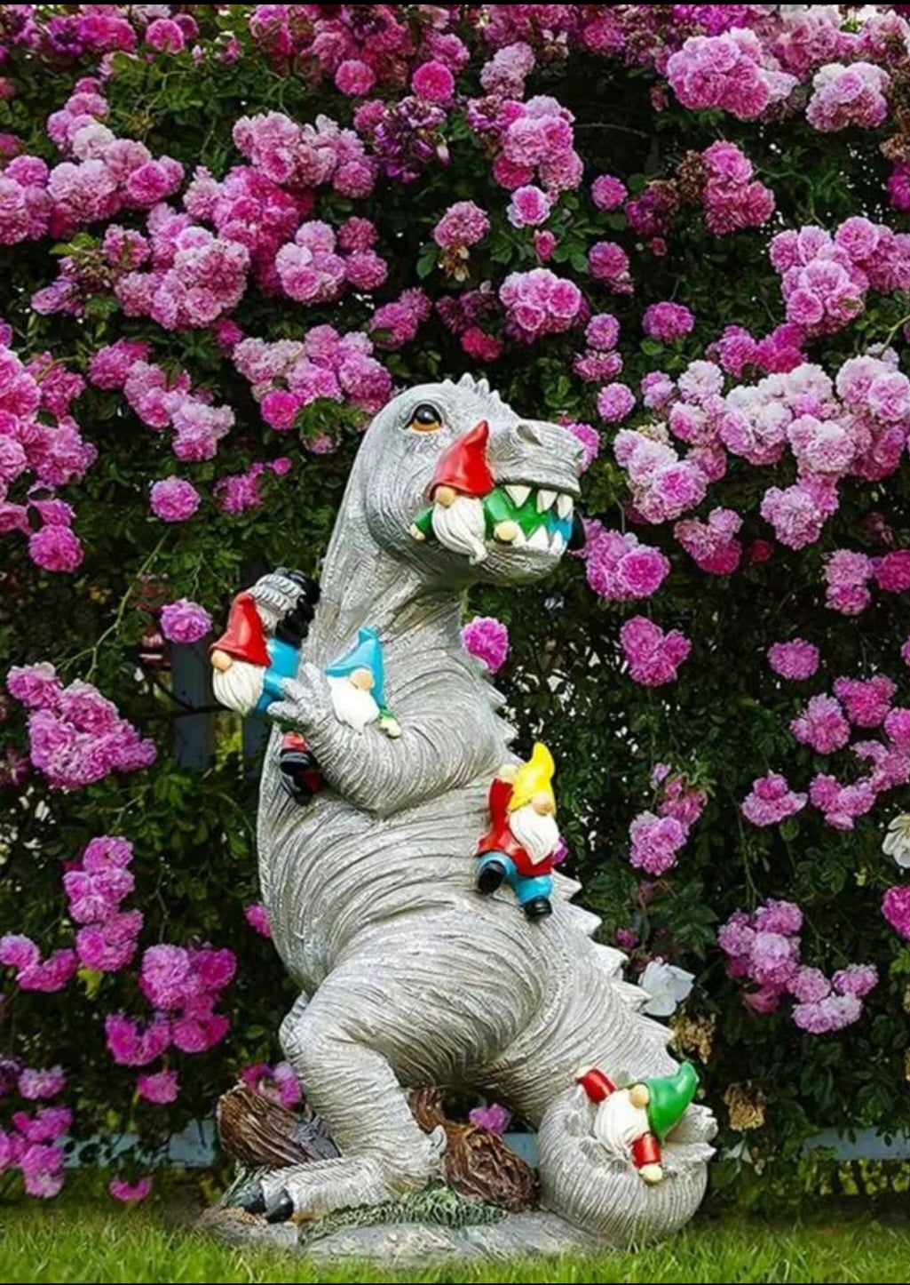Small 14cm Dinasaur Munching Down On Dwarf Garden Statue.