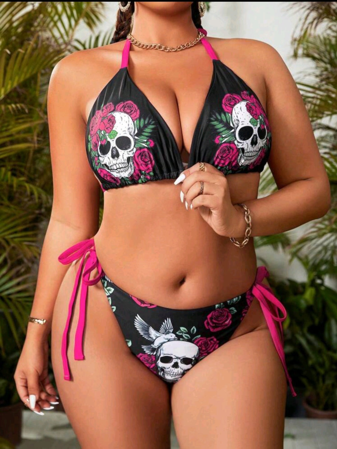 Swim Vcay Plus Size Skull Rose Printed Halter Neck Bikini Set Summer Beach