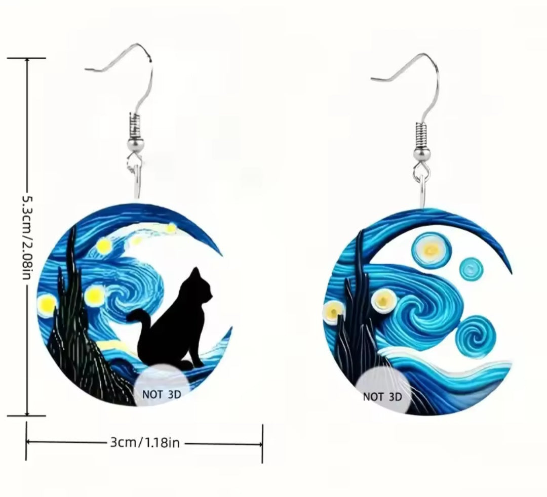 2D Black Cat Starry Sky Earrings.