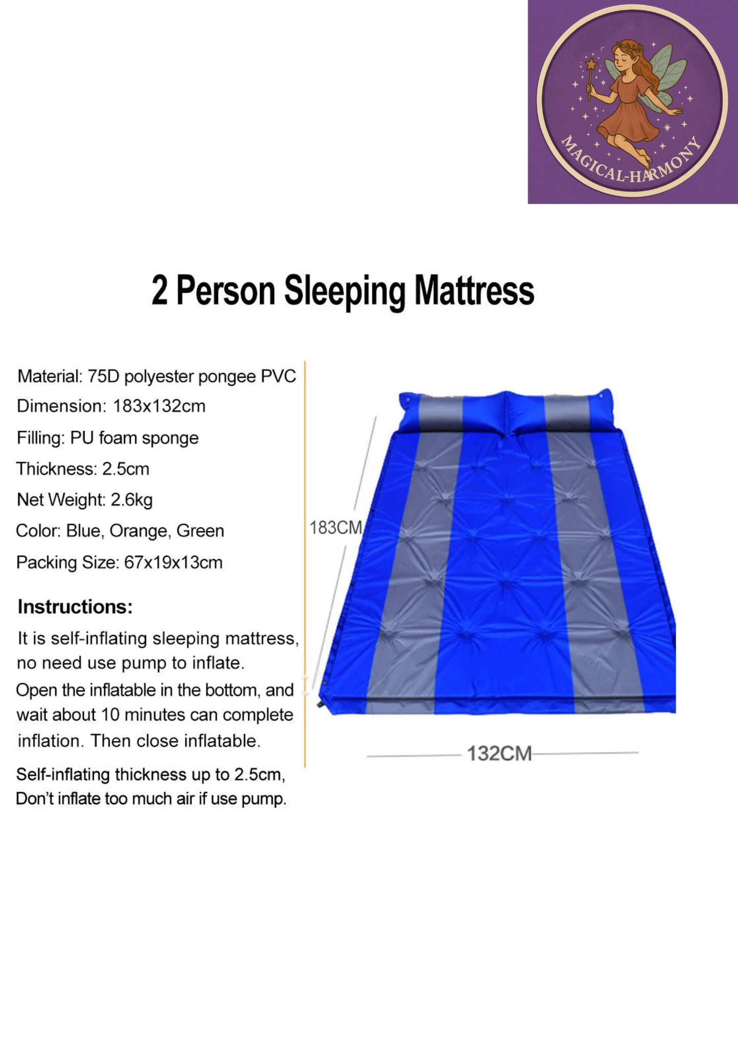 2 Person Air Mattress Self-Inflating Sleeping Mat Attached Air Pillow