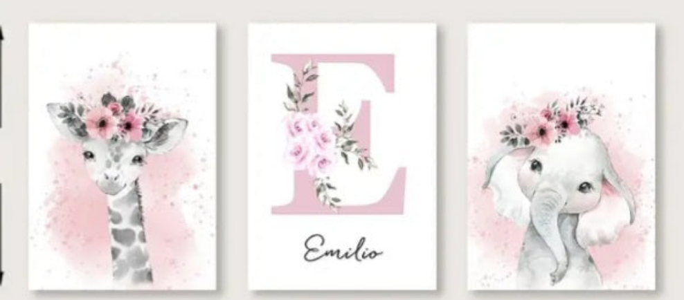 [2D Flat] 3pcs Pink Animal Wall Art.