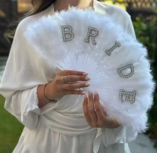 Elegant Pearl Bride Feather Fan,