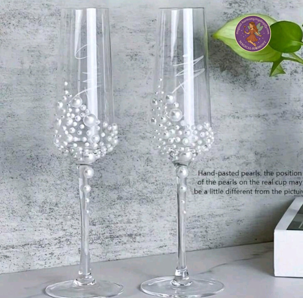 2-Piece Exquisite Pearl Crystal Champagne Flute Set.