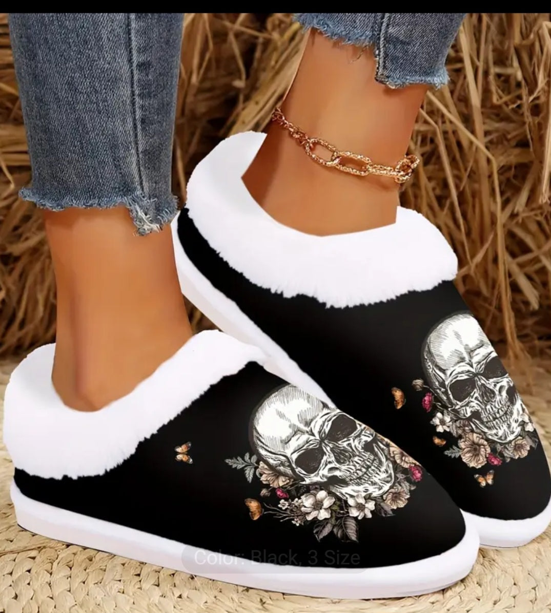 Cozy Skull Print Slippers.