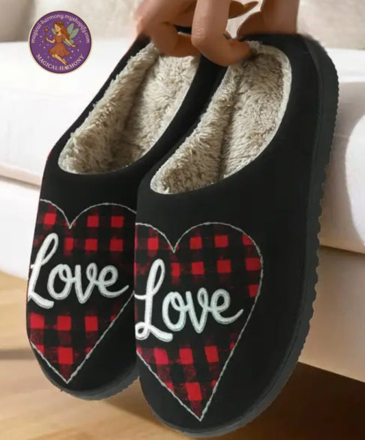 Heart Checkered “Love” Plush Slippers