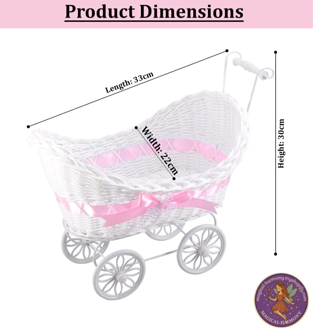 GIRLS BOYS PRAM BASKET GIFT LARGE WICKER STYLE HAMPER NEW BORN BABY SHOWER PARTY (Basket only)