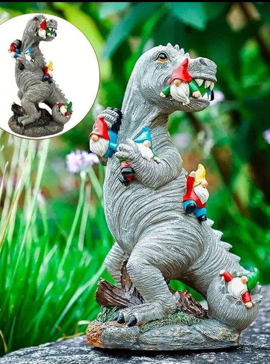Small 14cm Dinasaur Munching Down On Dwarf Garden Statue.