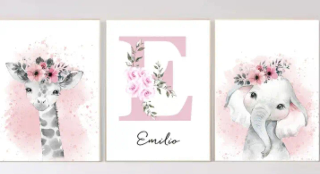 [2D Flat] 3pcs Pink Animal Wall Art.