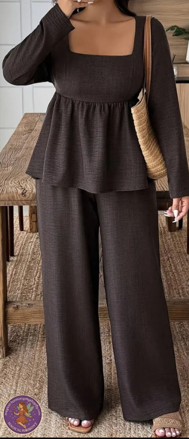 plus Size Brown Top And Wide-Leg Pants Combo