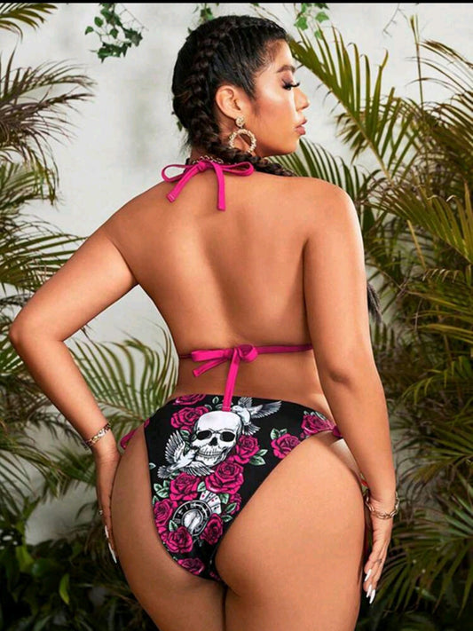 Swim Vcay Plus Size Skull Rose Printed Halter Neck Bikini Set Summer Beach