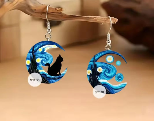 2D Black Cat Starry Sky Earrings.