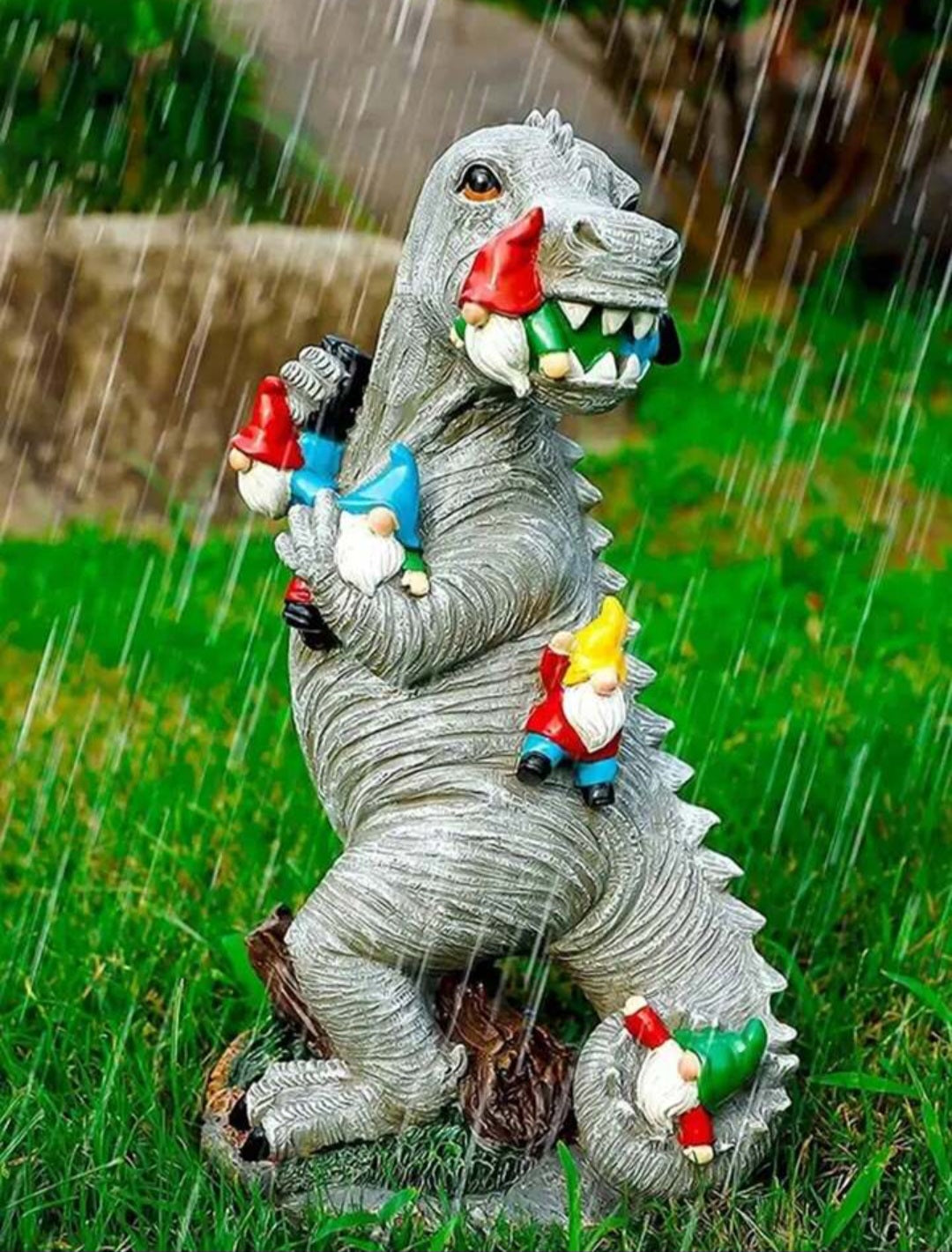 Small 14cm Dinasaur Munching Down On Dwarf Garden Statue.