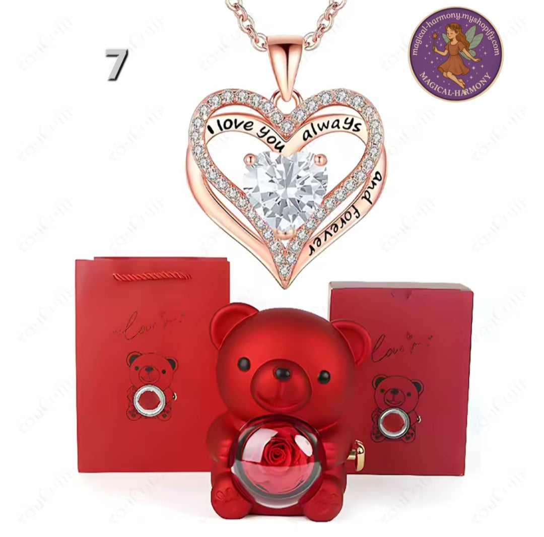 Heart Pendant Necklace Presented By A Cute Teddy Bear.