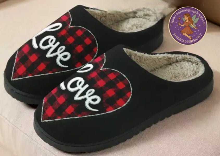 Heart Checkered “Love” Plush Slippers
