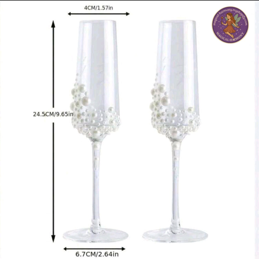 2-Piece Exquisite Pearl Crystal Champagne Flute Set.