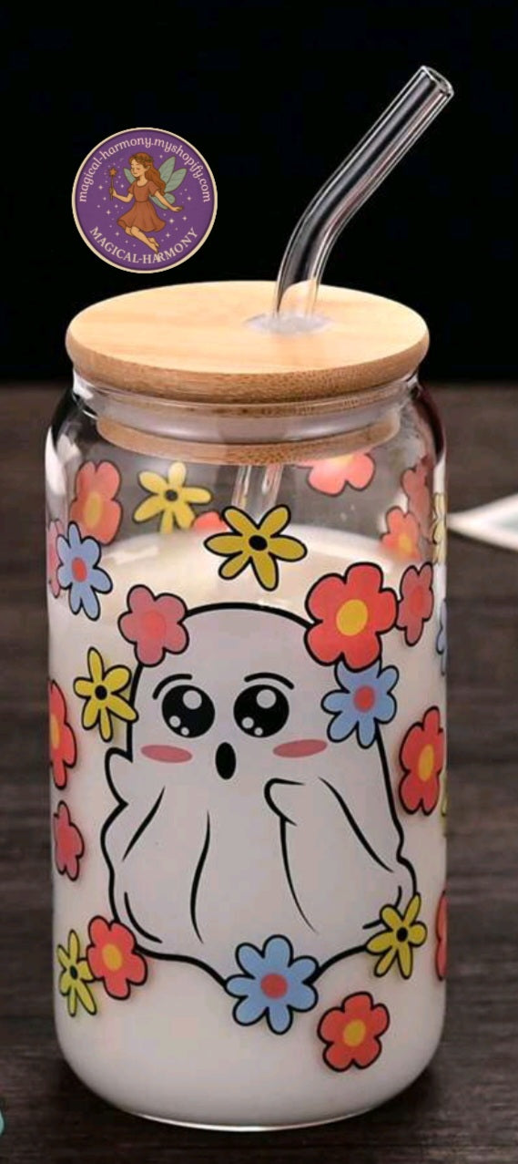 Halloween Glass Cup With Lid And Straw