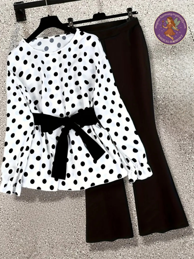Plus Size 2-Piece Polka Dot Bow Tie Top & Flared Pants Set