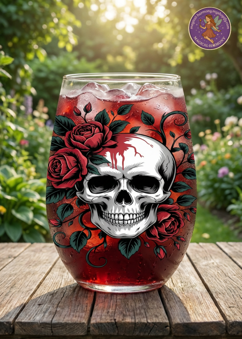 Skull, Rose & Butterfly Stemless Wine Glass