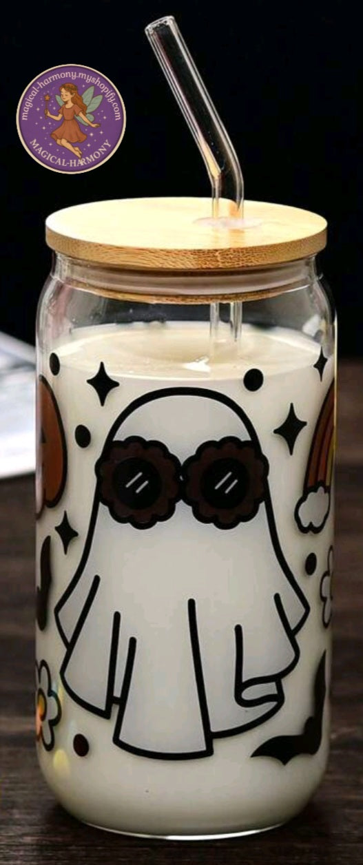 Halloween Glass Cup With Lid And Straw