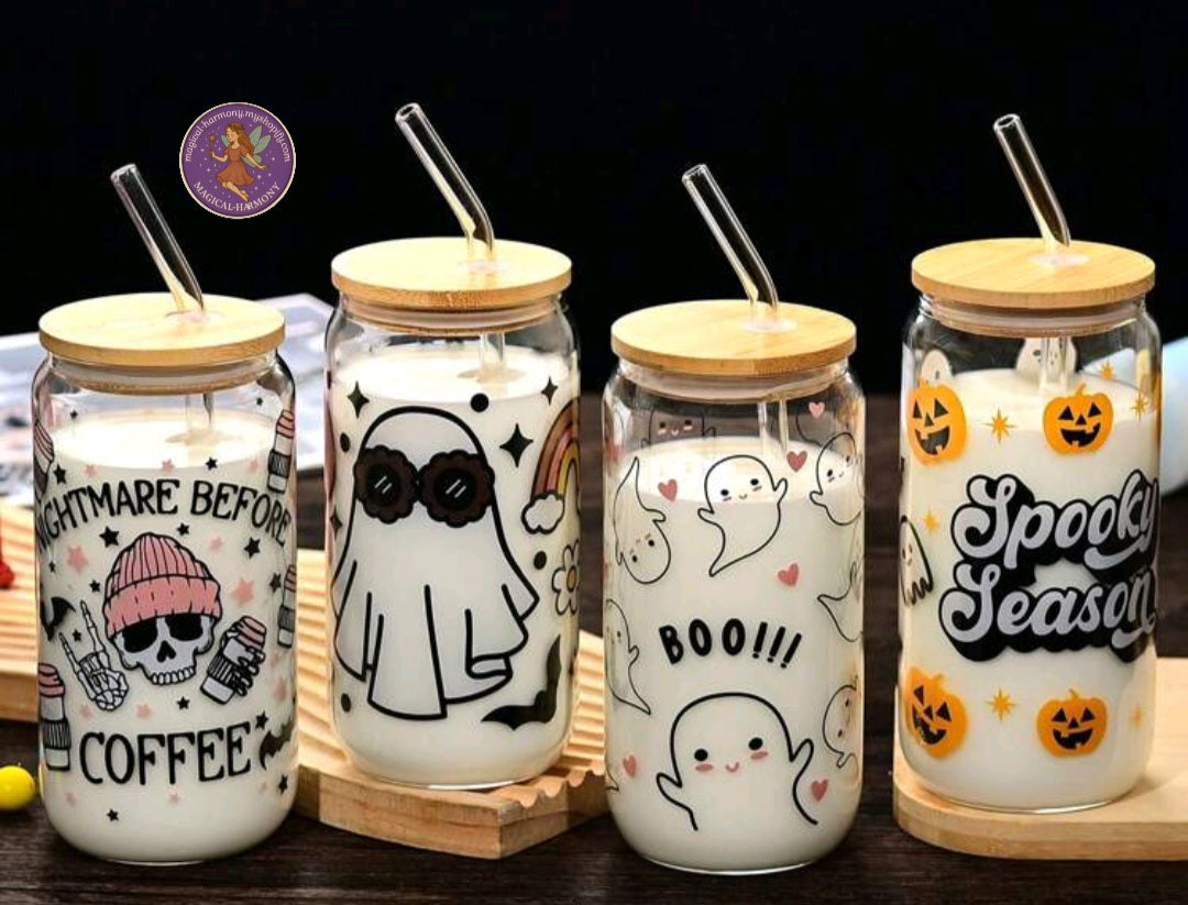 Halloween Glass Cup With Lid And Straw