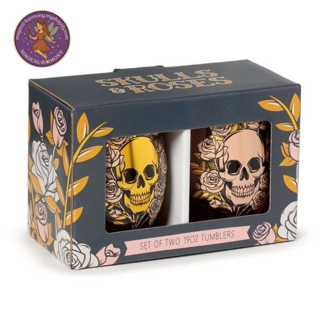 Set of 2 Skulls And Roses Glass Tumblers