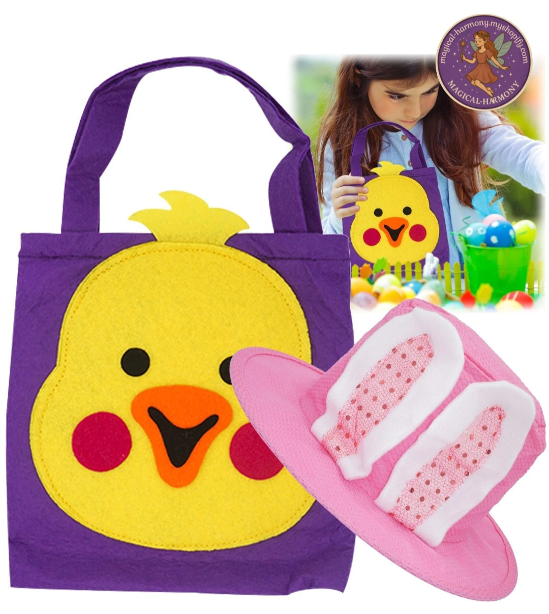 Bunny Ears Easter Hat Felt Bag with Handles Set.