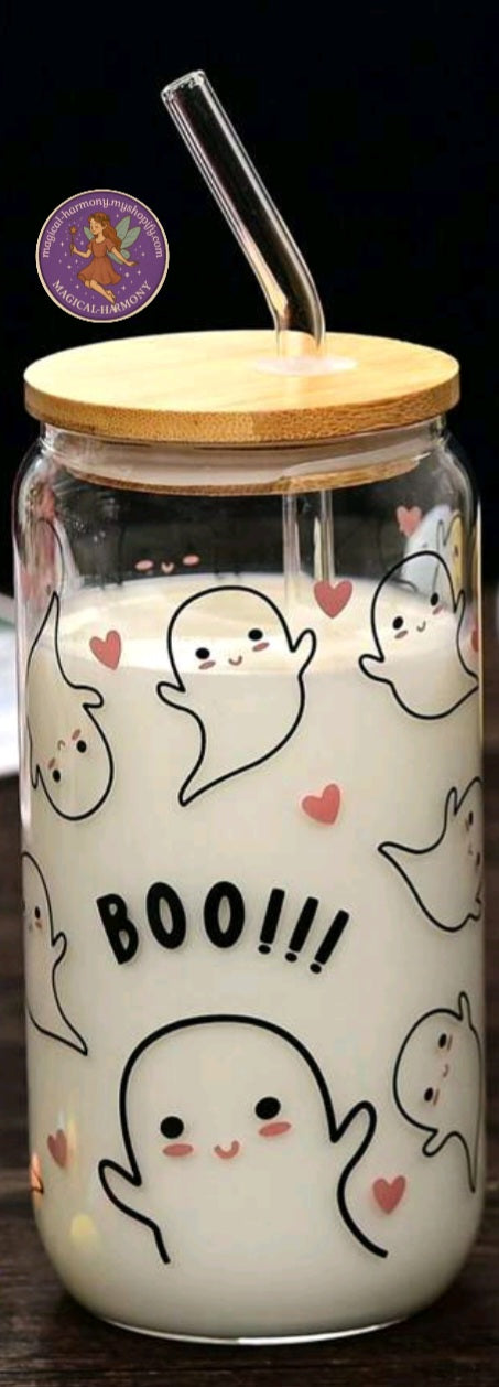 Halloween Glass Cup With Lid And Straw