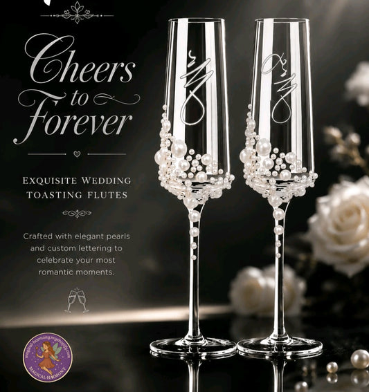 2-Piece Exquisite Pearl Crystal Champagne Flute Set.