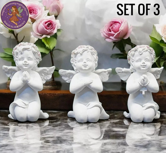 Set Of 3 Cherub Angels Baby Angel Wings Sculpture Ornament Memorial Grave Decor