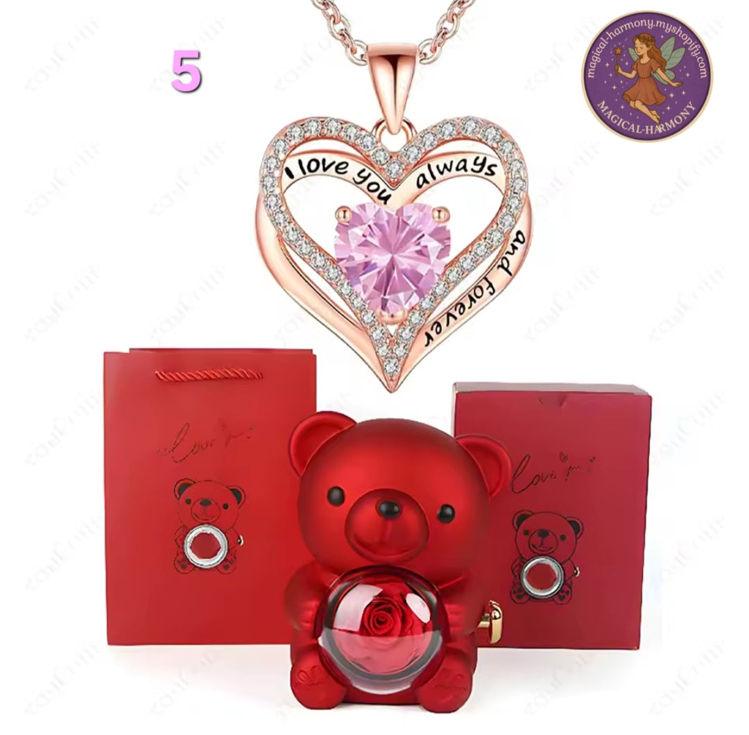 Heart Pendant Necklace Presented By A Cute Teddy Bear.