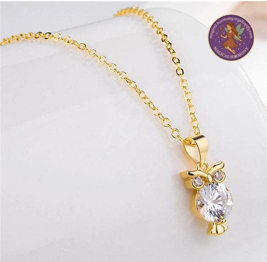 925 Sterling Silver Cute Small Owl CZ Pendant Necklace Gold Plated.