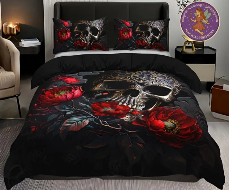 Dark Skull Rose Duvet Cover Set