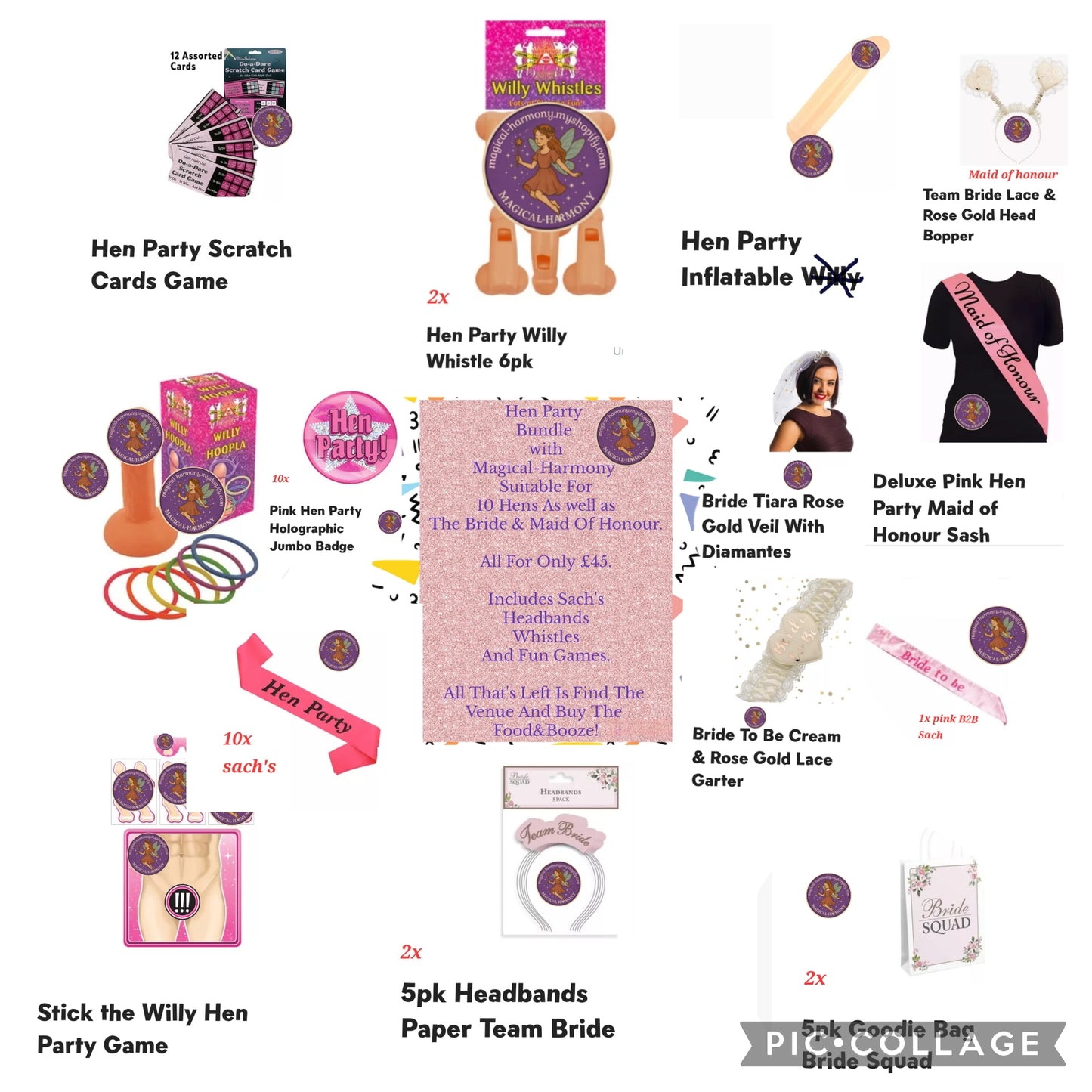 Hen Party Bundle For Bride, Maid Of Honour & 10 Hens.