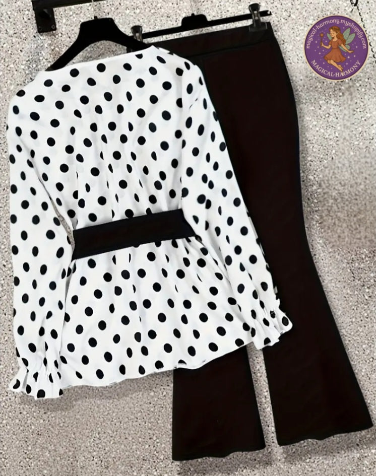 Plus Size 2-Piece Polka Dot Bow Tie Top & Flared Pants Set