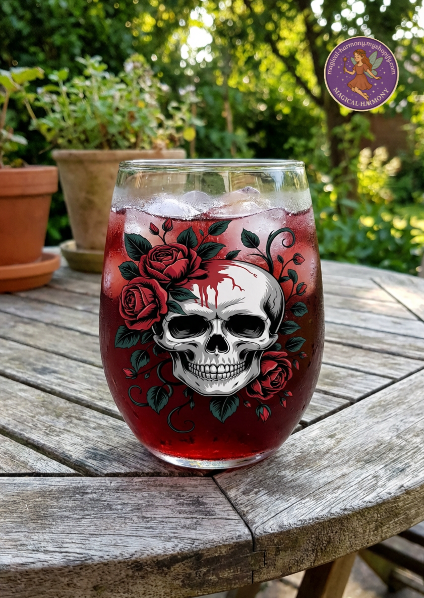 Skull, Rose & Butterfly Stemless Wine Glass