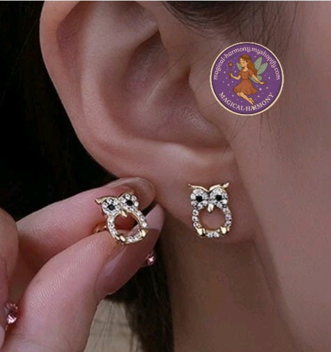 Shiny 925 Sterling Silver Cute Owl CZ Gemstone Stud Earrings.