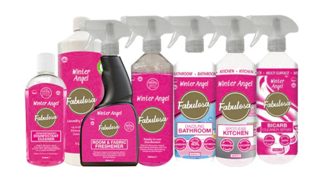 Fabulosa Winter Angel Household Cleaning Bundle, Bicarb Spray, Antibacterial Spray, Room & Fabric Freshener, Laundry Cleanser, Concentrated Disinfectant, Kitchen Spray, and Bathroom Spray
